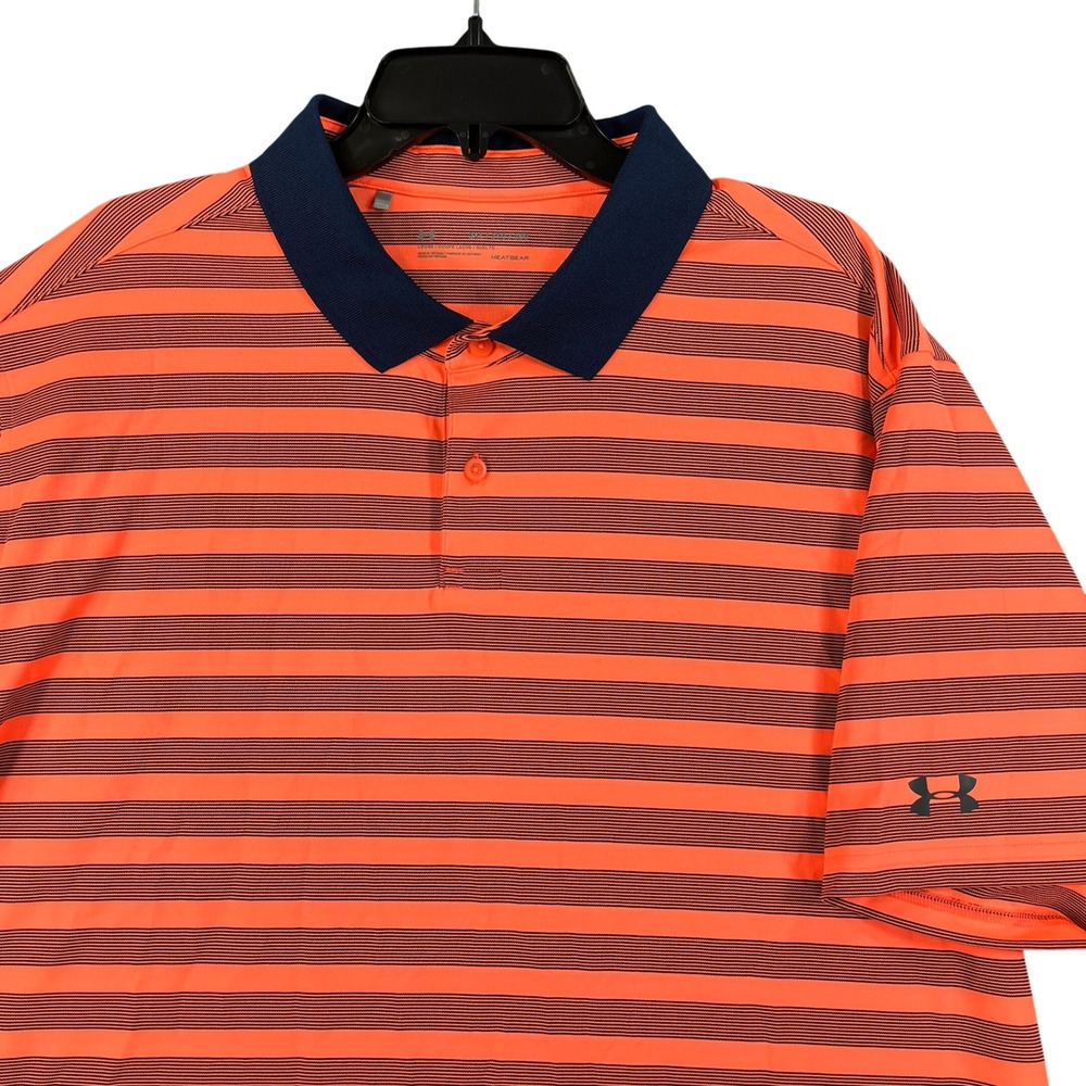 Under Armour Performance Polo Golf Shirt Mens 2XL Orange Striped HeatGear Loose